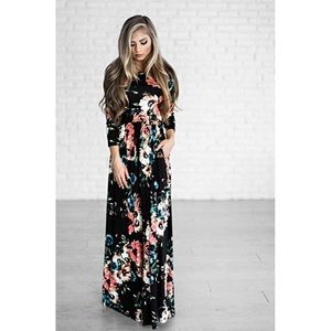 Black/Pink Floral Long Maxi Dress W/ Pockets